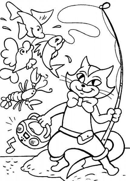 Кот с удочкой раскраска
