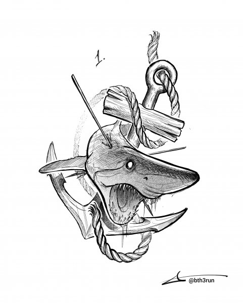 Тату акула в стиле скетч