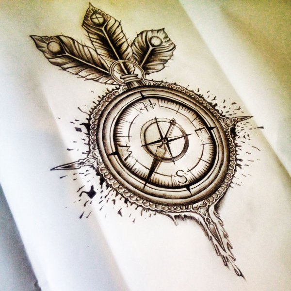 Тату компас с цветами