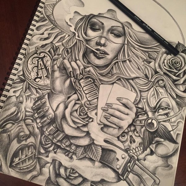 Тату на ноге в стиле Чикано