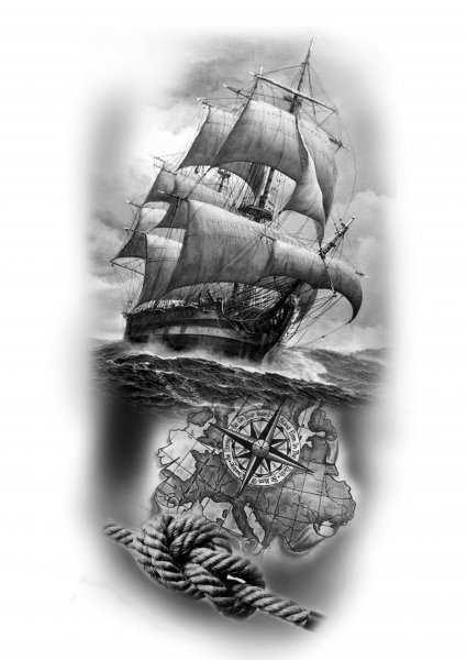 Кракен тату эскиз с кораблем