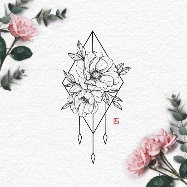 Тату пионы с геометрией