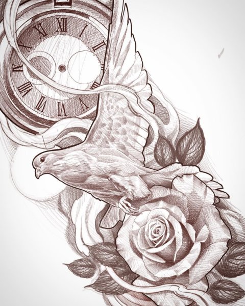 Тату голубь и часы