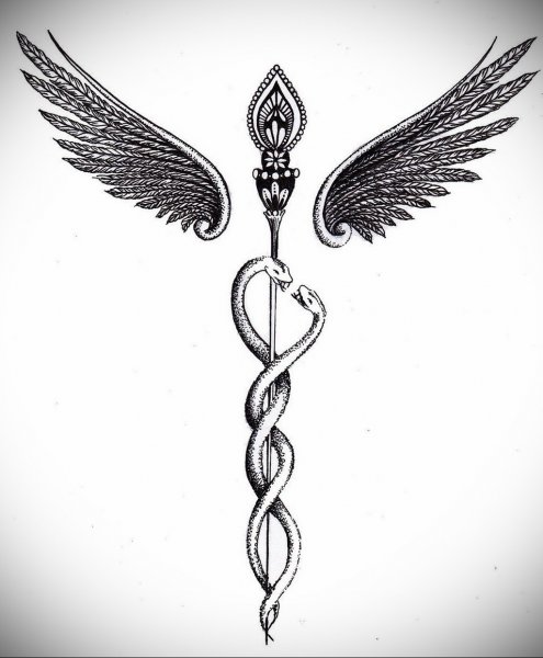 Жезл Меркурия Кадуцей тату