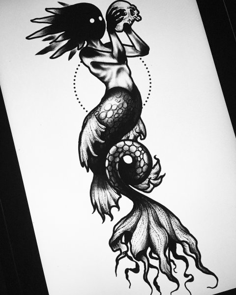 Блэкворк Традишинал русалки