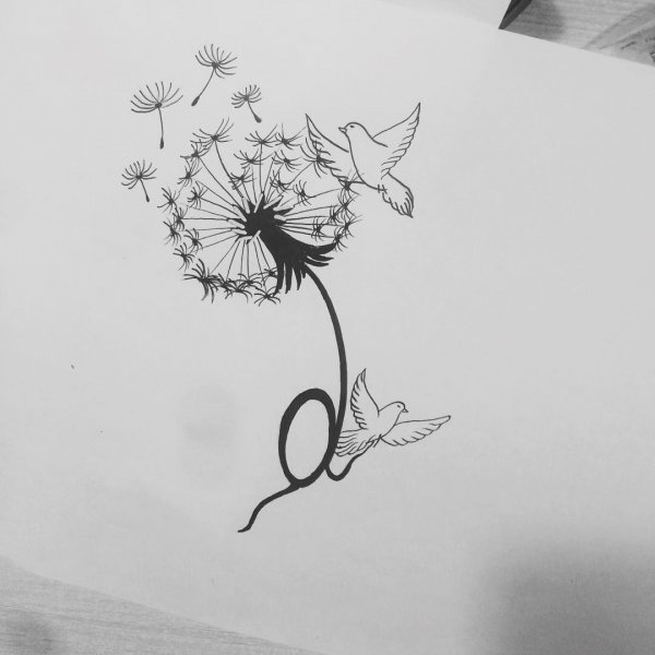 Эскиз тату одуванчик с птицами
