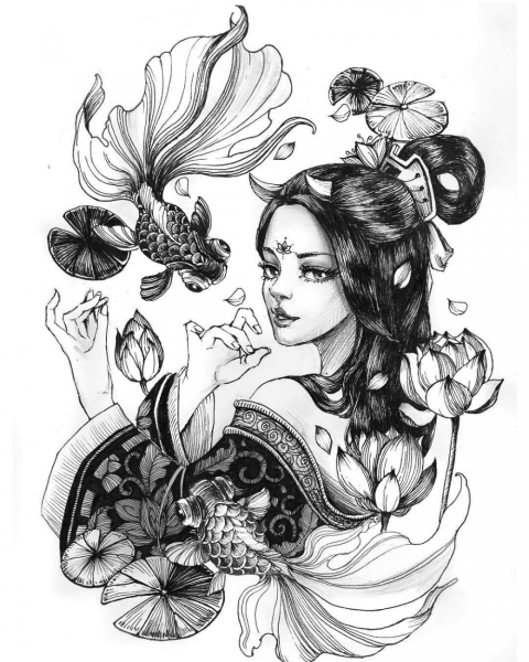 Гейша с самураем и драконом