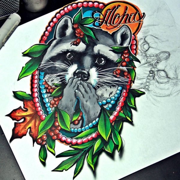Енот тату цветная