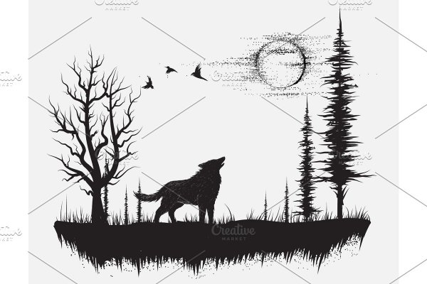 Силуэт волка на фоне леса