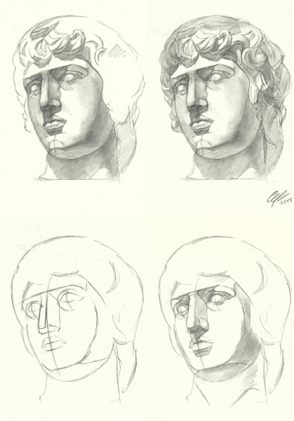 Поэтапное рисование гипсовой головы Антиноя