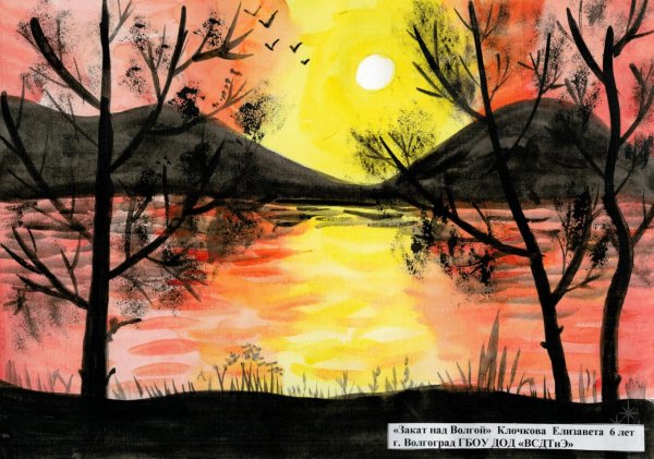 Закат на Волге акварелью