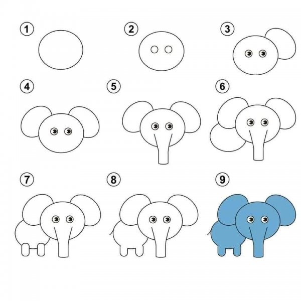 Поэтапное рисование слона для дошкольников