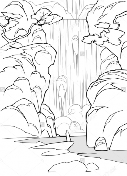 Раскраска пейзаж с водопадом