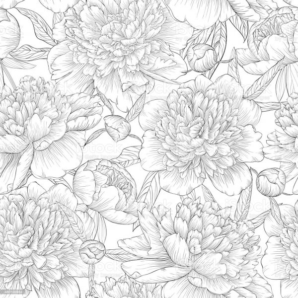 Паттерн с пионами черно белый