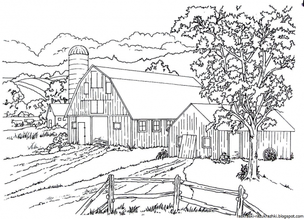 Деревенский пейзаж раскраска