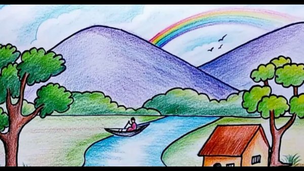 Пейзаж цветными карандашами легкий