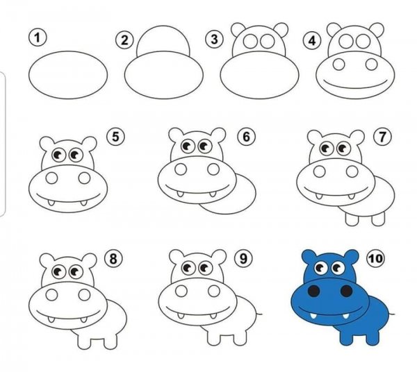 Бегемотик рисунок для детей поэтапно