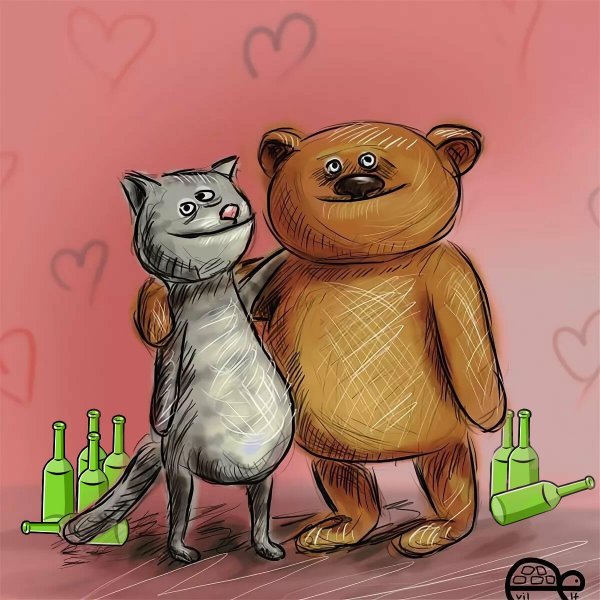 Медвежонок обнимает котенка