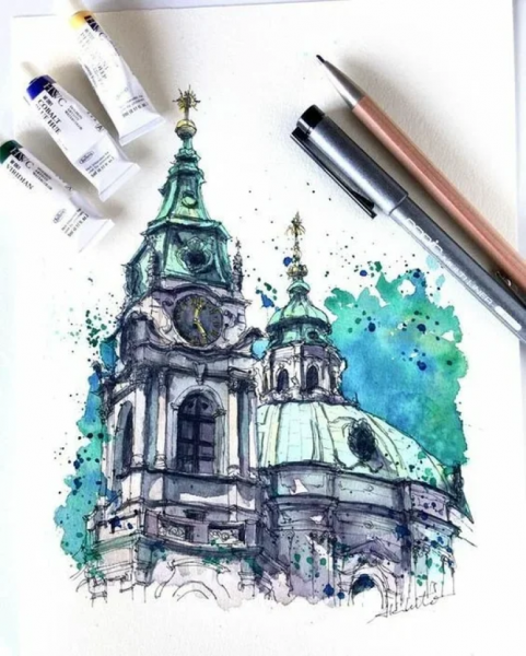 Акварель и линер