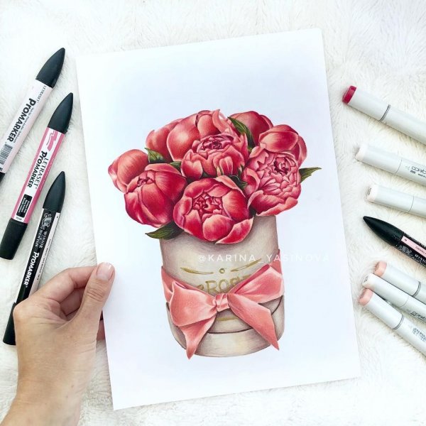 Пионы скетчинг маркерами