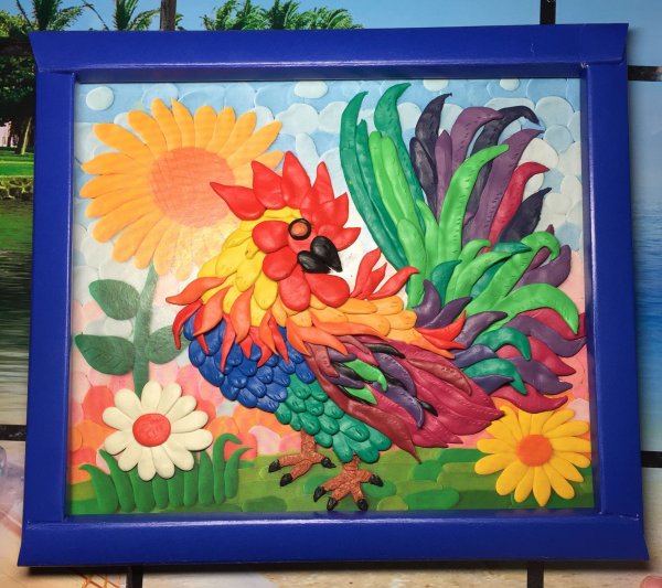 Пластилинография петушок с семьей