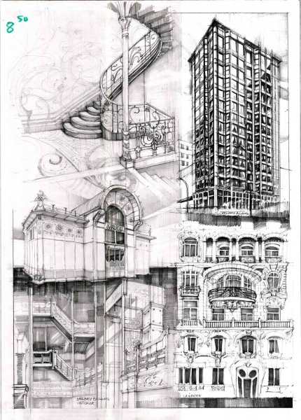 Здания в стиле Модерн карандашом