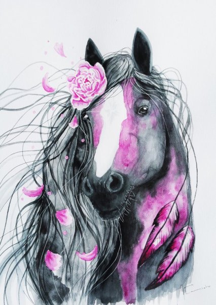 Лошадь с цветами акварель