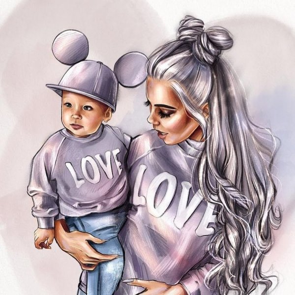 Нарисованная девушка с ребенком