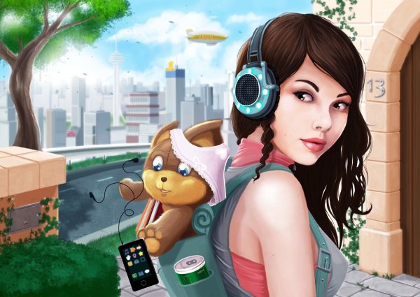 Девушка в наушниках мультяшная