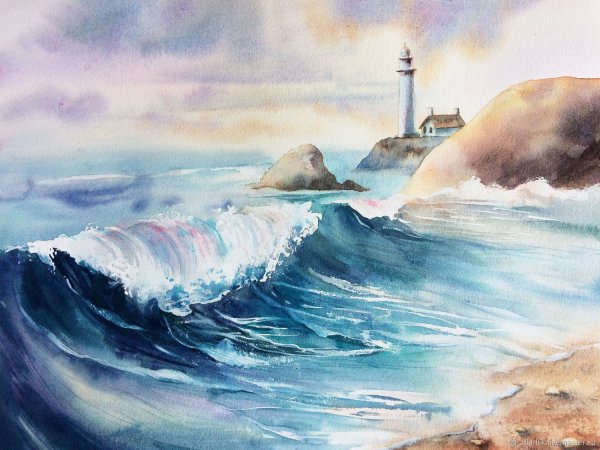 Маяк и волны акварель