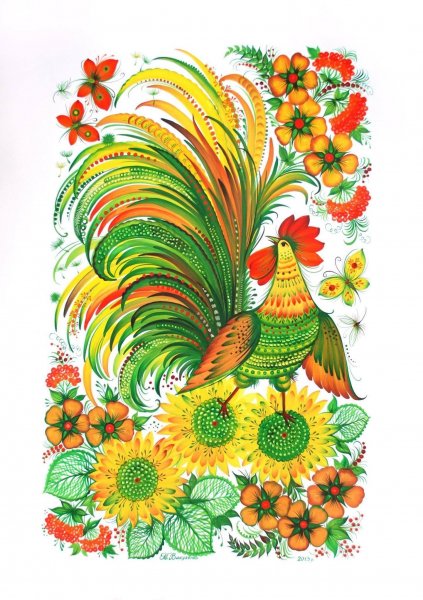 Рисунок петуха в цвете