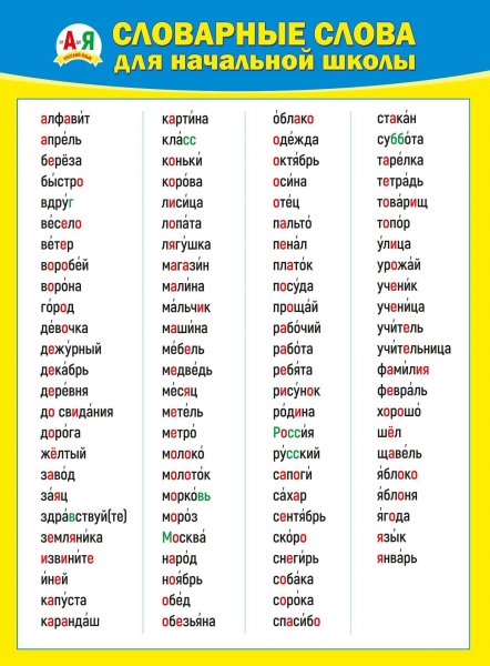 Словарные слова с 1 по 3 класс по русскому языку школа России