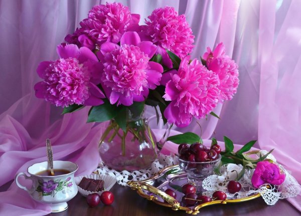 Добрый вечер с пионами цветами