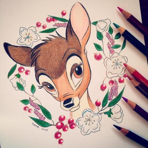 Бэмби цветными карандашами