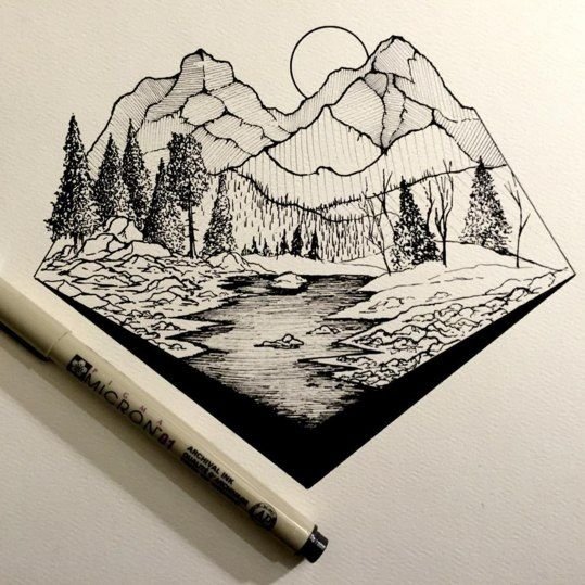Пейзаж черной ручкой