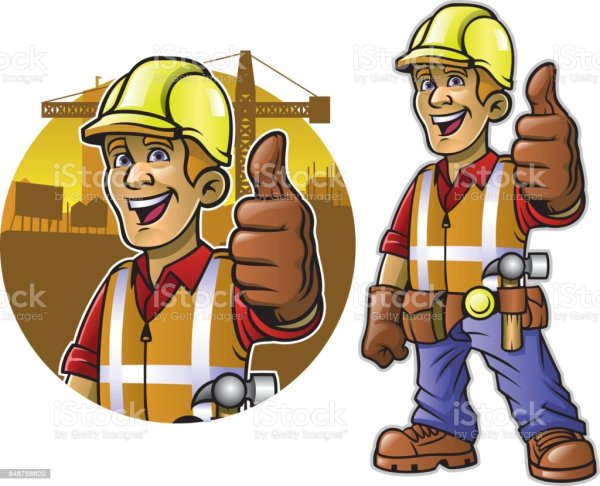 Вектор Строитель в каске с пальцем
