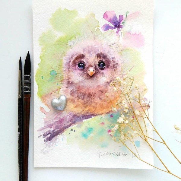 Соловьева Евгения акварель птицы