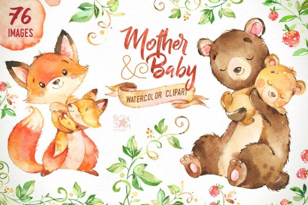 Акварельные животные мама и малыш