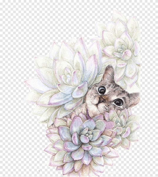 Кот с цветами акварель