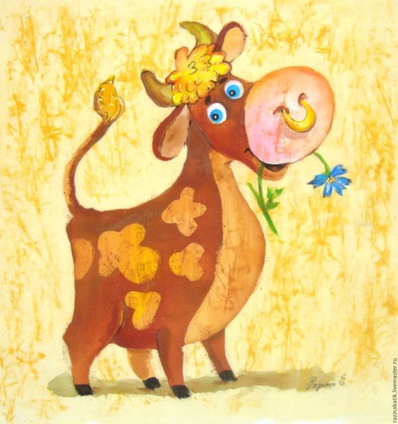 Веселая корова гуашью