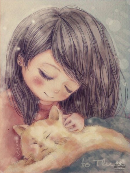 Девочка с котом арт
