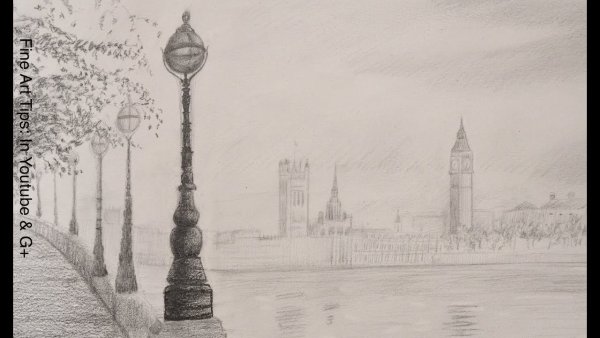 Пейзаж на фоне города карандашом