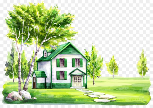 Нарисованный дом с лужайкой