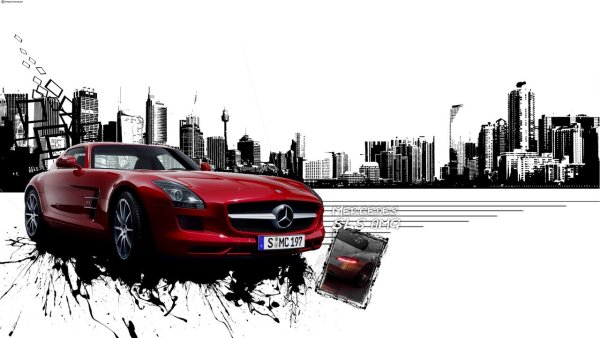 Автомобиль на фоне нарисованного города