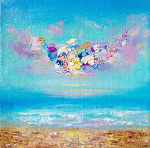 Пейзаж живопись в розово голубых тонах