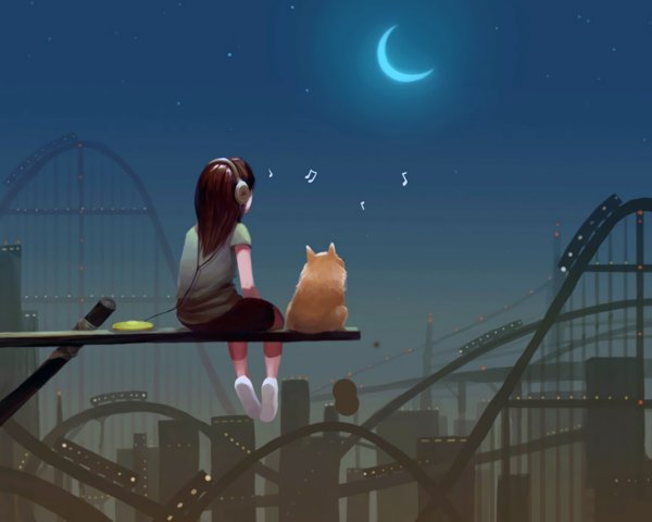 Девочка и кот на крыше