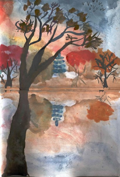 Осенний лес техникой монотипией