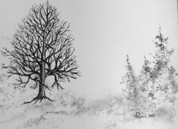 Рисунок пейзажа черные деревья