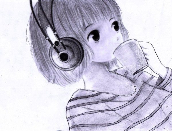 Аниме девушка в наушниках карандашом