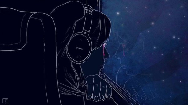 Девушка в наушниках ночью